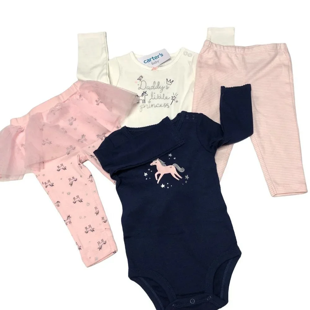 CARTERS 4‎ PIECES SET UNICORN/LITTLE PRINCESS  OUTFIT SIZE 6 MOS NEW WITH TAG